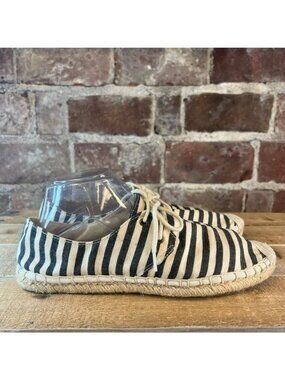 J Crew Nautical Striped Dark Blue / Cream Espadrille Lace Up Flats Sz 9